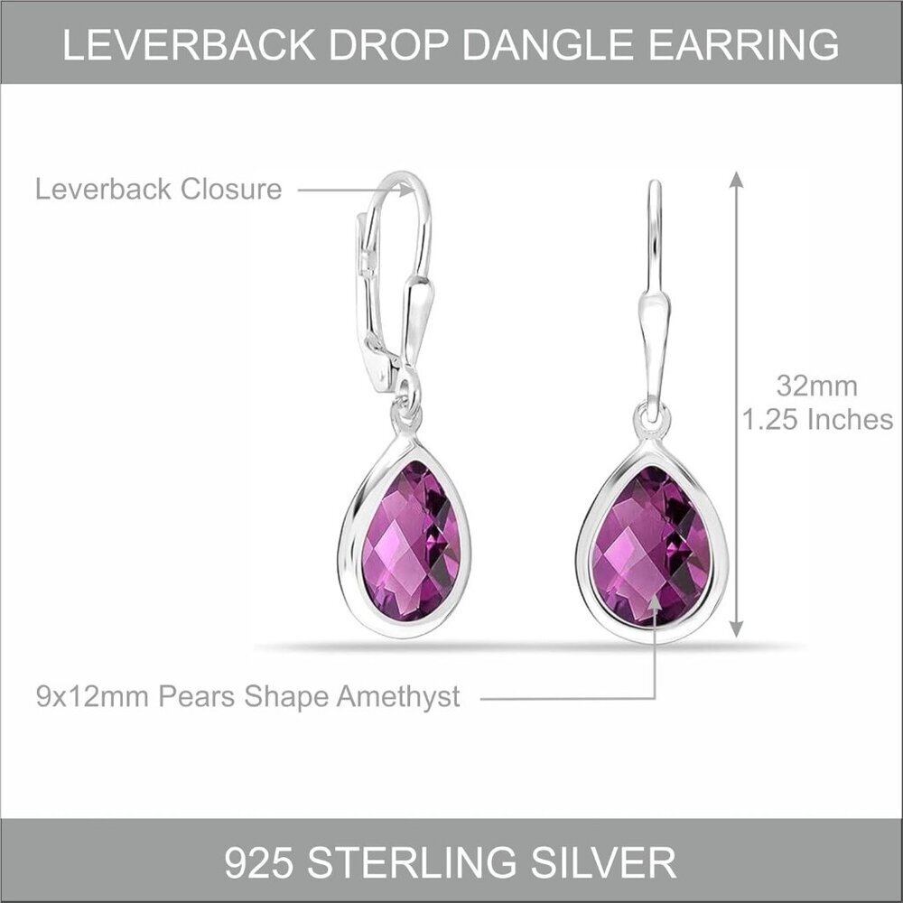 Women's Sterling Silver Drop Created Birthstone Leverback Purple Earring - Picture 3 of 6